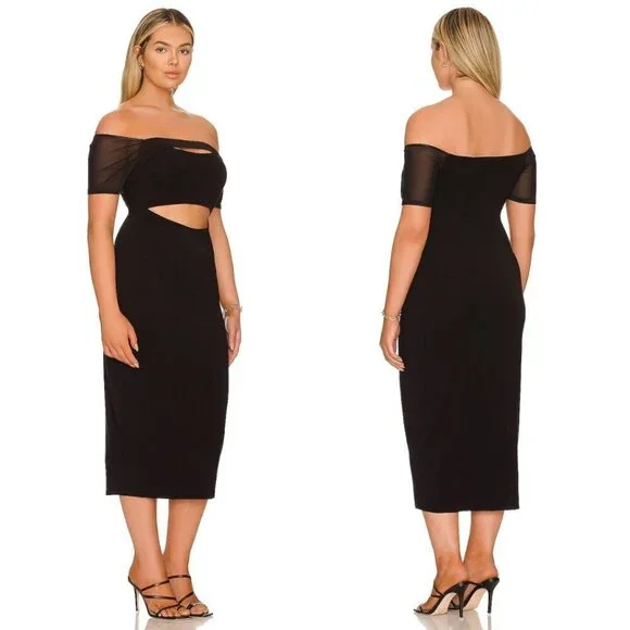 NEW Good American Off the Shoulder Cut Out Mesh Midi Dress Black - Picture 4 of 14